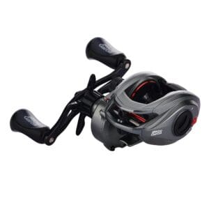 Sleek black and gray fishing reel with ergonomic handle.