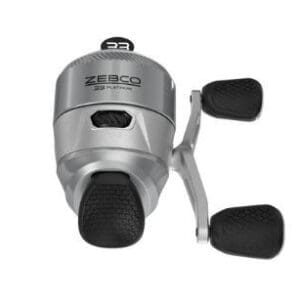 Silver fishing reel with black handles.