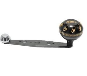 A fishing reel handle with a round knob and metal arm.