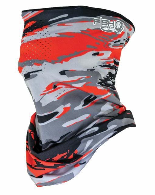 A camo-patterned neck gaiter in red, black, and gray.