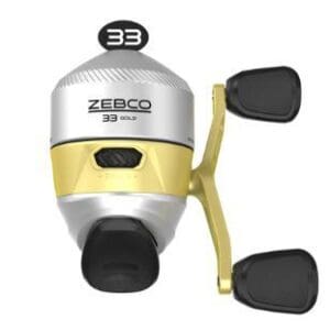 Silver and gold Zebco fishing reel with black handles.