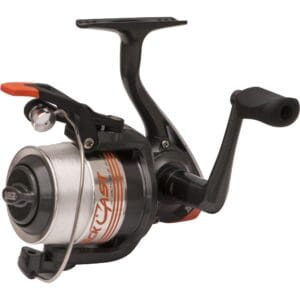 Black and silver fishing reel with an orange accent.