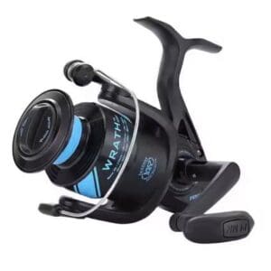 Black and blue fishing reel with ergonomic handle.