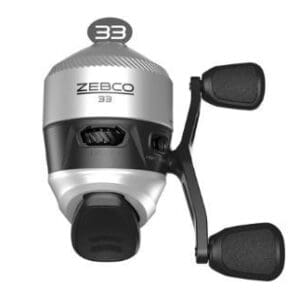 Silver Zebco fishing reel with black handles.