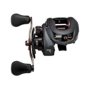 Close-up of a black baitcasting fishing reel with dual handles.