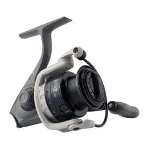 A sleek fishing reel with a black and silver design.