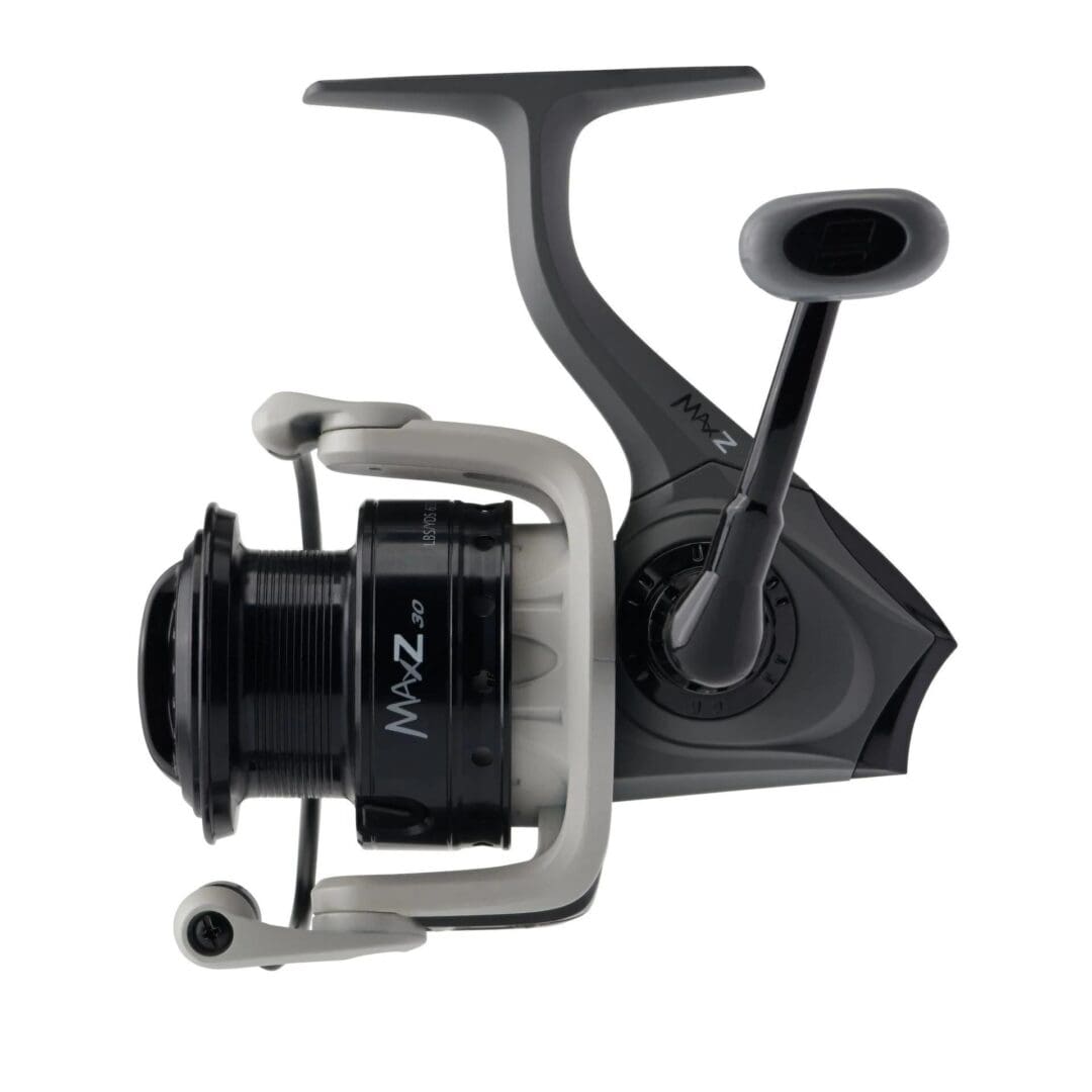 Black and silver fishing reel with ergonomic handle.