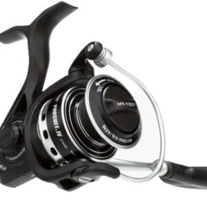 Close-up of a black fishing reel with silver details.