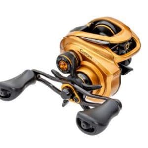 A gold and black baitcasting fishing reel with dual handles.