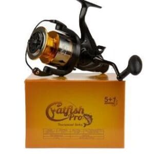 Fishing reel on a branded cardboard box.