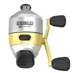 Zebco 33 fishing reel with ergonomic handles and gold accents.