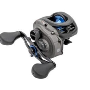 Compact baitcasting fishing reel with ergonomic handles and sleek design.