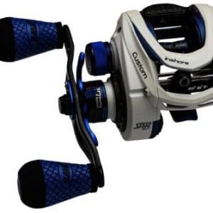 Close-up of a fishing reel with blue handle grips.