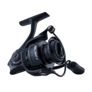 Black fishing reel with ergonomic handle and spool.