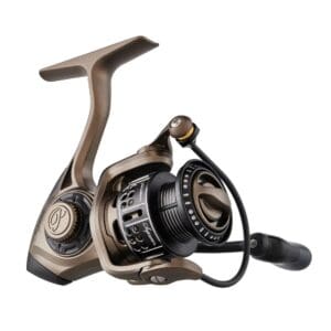 A black and gold fishing reel with a handle.