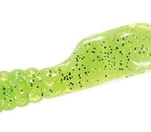 Green soft plastic fishing lure with black specks.