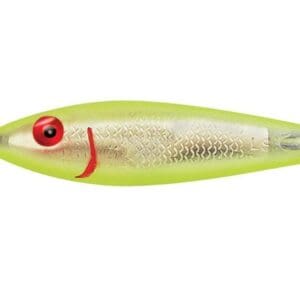 A green fishing lure with red eyes and a silver body.