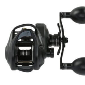 Black baitcasting fishing reel with dual handles.