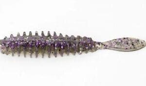 Purple soft plastic fishing lure shaped like a small fish.