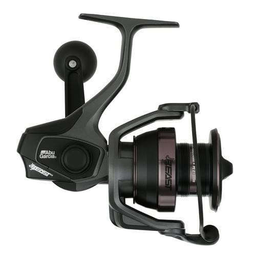 Black spinning fishing reel with ergonomic handle and smooth design.