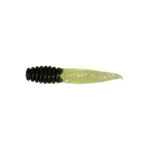 A two-toned soft plastic fishing lure with a black tail and chartreuse body.