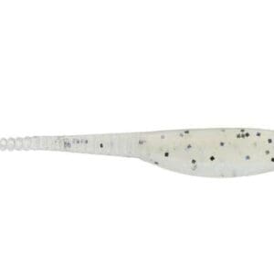 Transparent fishing lure with black speckles and a tapered tail.