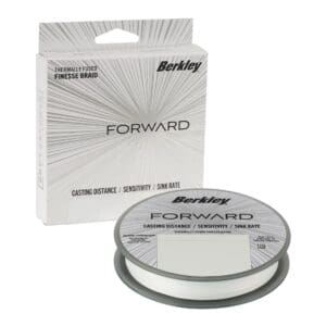 Clear fishing line spool labeled Forward by Berkeley.