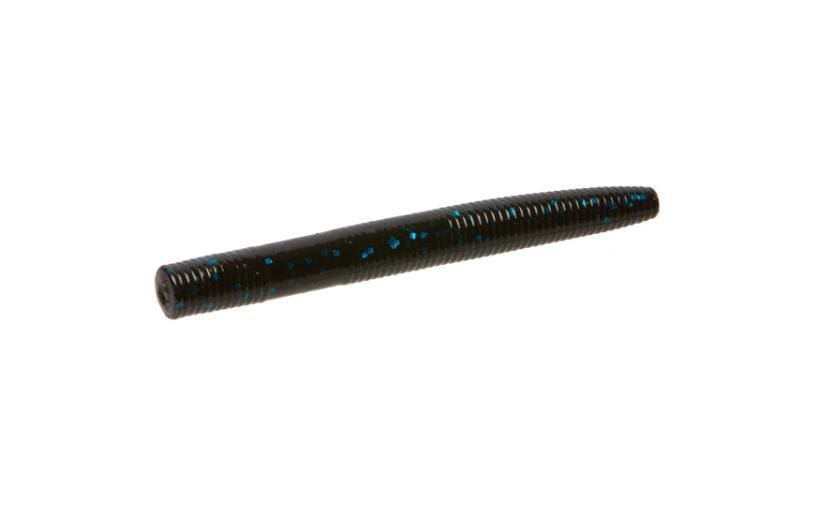 A black, segmented soft plastic fishing lure resembling a worm.