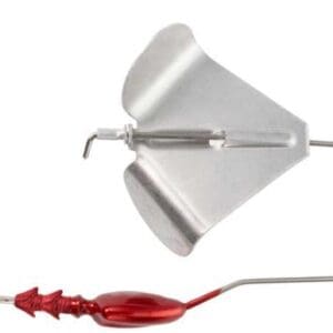 A red fishing lure with silver spinner blade.