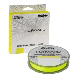 Bright yellow-green fishing line spool with packaging.