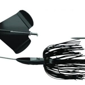 Black and silver fishing lure with skirted design.