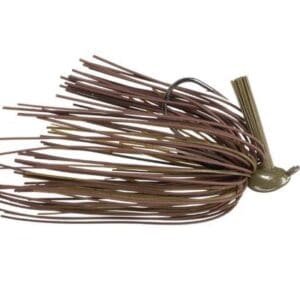 Close-up of a brown and olive fishing jig with silicone skirt.