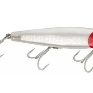 Silver fishing lure with multiple hooks and a red tip.