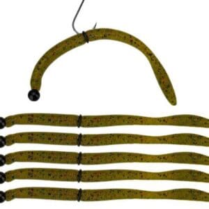 A set of brown, curved metal hooks with a hanger on top.