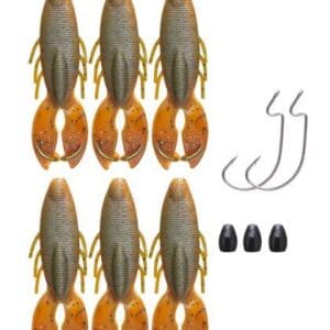 Set of six realistic soft plastic crawfish fishing lures with hooks and weights.