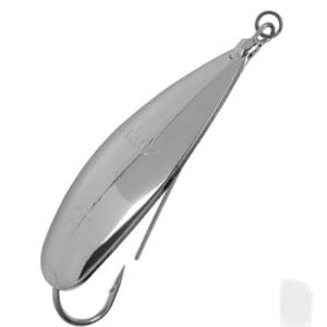 A shiny metal fishing lure with a single hook.