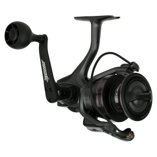 Black spinning fishing reel with ergonomic handle and spool.