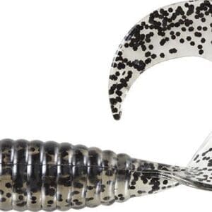 Close-up of two fishing lures with textured bodies and curved tails.