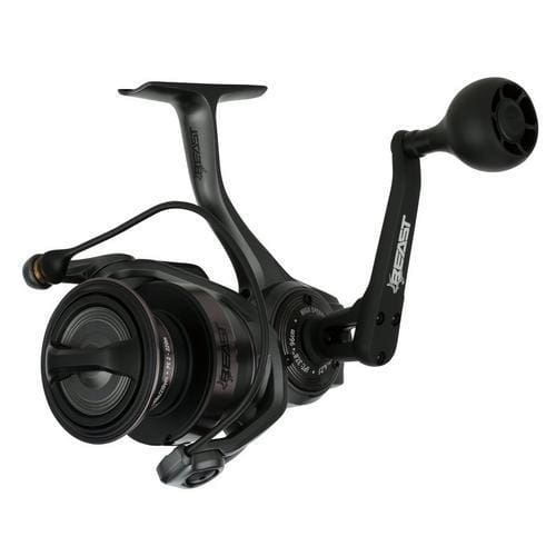 A sleek black fishing reel with a modern design.