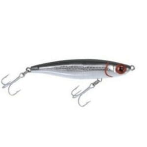 A sleek silver and black fishing lure with two treble hooks.