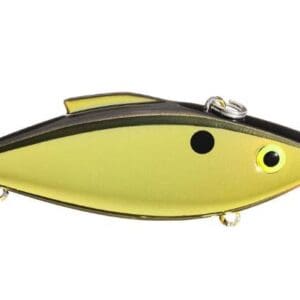 A yellow and black fishing lure shaped like a small fish.