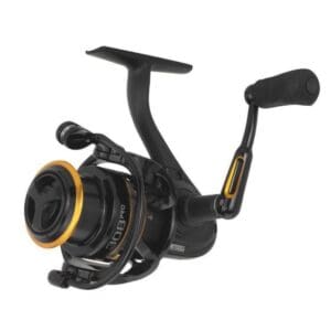 Black and gold fishing reel with ergonomic handle.