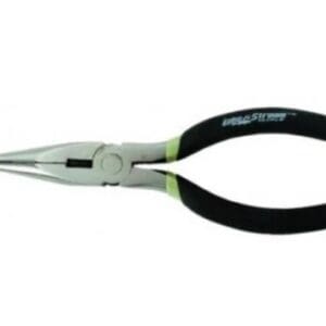 A pair of needle-nose pliers with black and green handles.