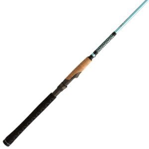 A fishing rod with a wooden handle and black grip.