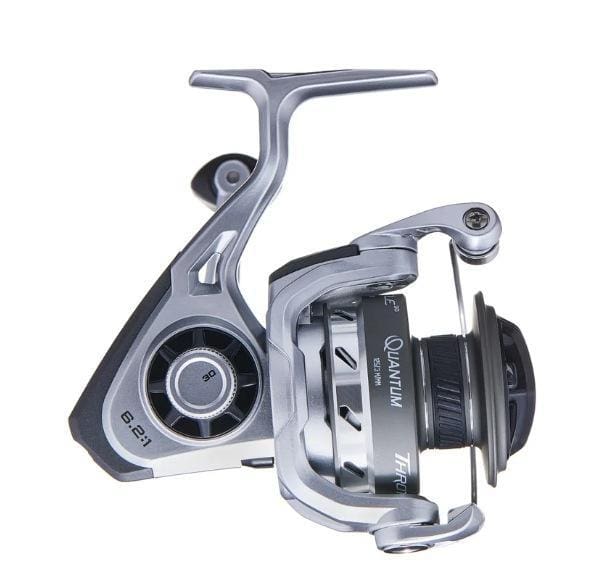 A modern spinning fishing reel with a sleek metallic design.