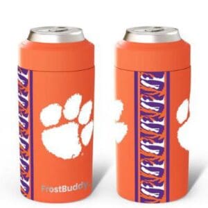 Orange can coolers with a white tiger paw and patterned stripes.