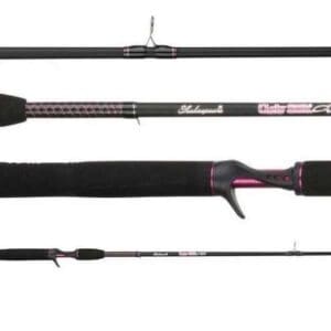 A black and pink fishing rod with a trigger grip handle.