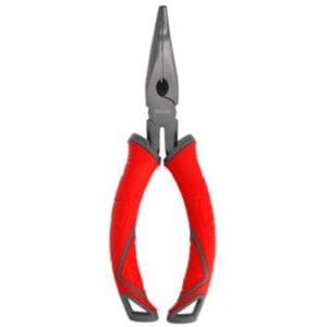 Red-handled needle-nose pliers used for gripping and bending.