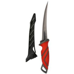 A sleek knife with a black sheath and red handle.