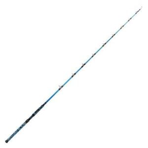A sleek blue fishing rod with a black handle.